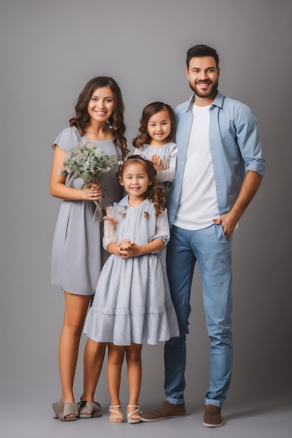 A beautiful family with a small child in the studio on a gray background