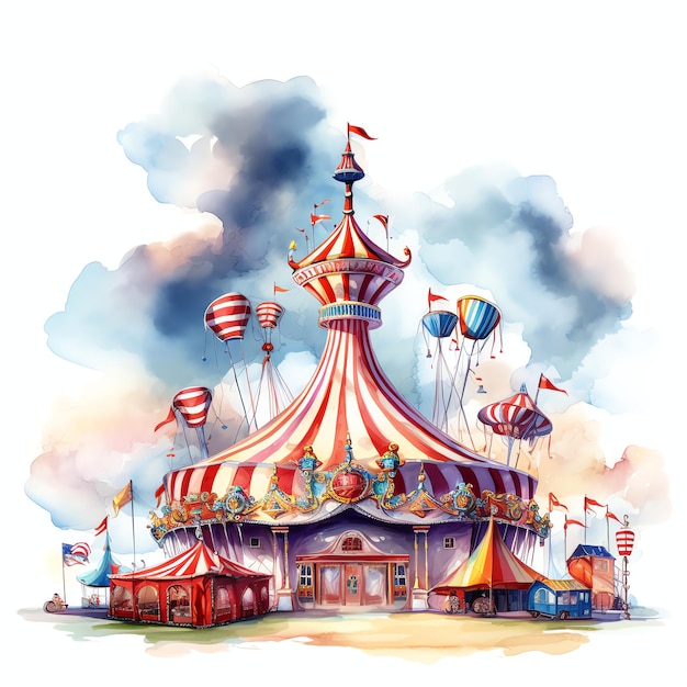 beautiful fantastical circus in the clouds watercolor Carnival clipart illustration