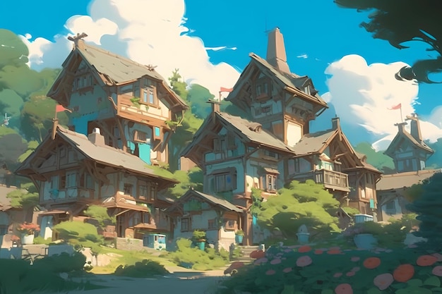 A beautiful fantastical traditional village digital art illustration