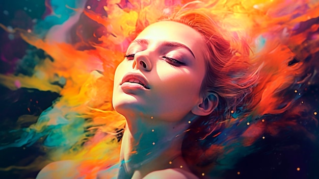 Beautiful fantasy abstract portrait of a beautiful woman double exposure with a colorful digital paint splash or space nebula Generative AI