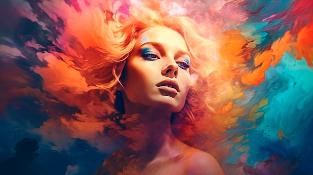 Beautiful fantasy abstract portrait of a beautiful woman double exposure with a colorful digital paint splash or space nebula Generative AI