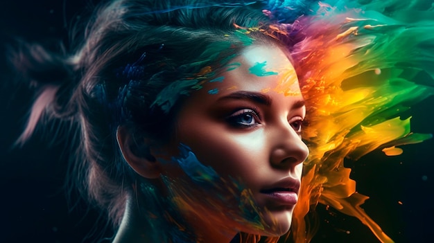 Beautiful fantasy abstract portrait of a beautiful woman double exposure with a colorful digital paint splash or space nebula Generative AI
