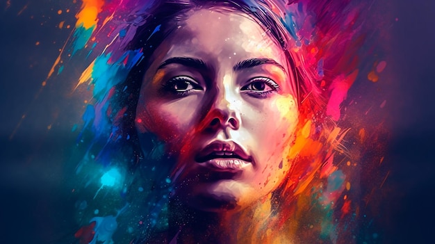 Beautiful fantasy abstract portrait of a beautiful woman double exposure with a colorful digital paint splash or space nebula Generative AI