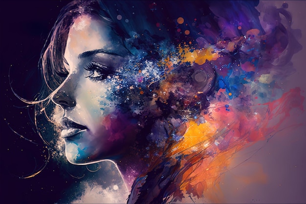 Beautiful fantasy abstract portrait of a beautiful woman double exposure with a colorful digital paint splash or space nebula generative AI