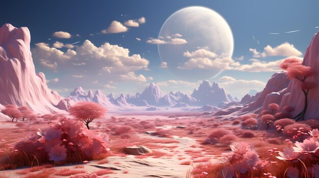 Photo beautiful fantasy alien planet desert landscape with pink trees and blue sky in 3d render