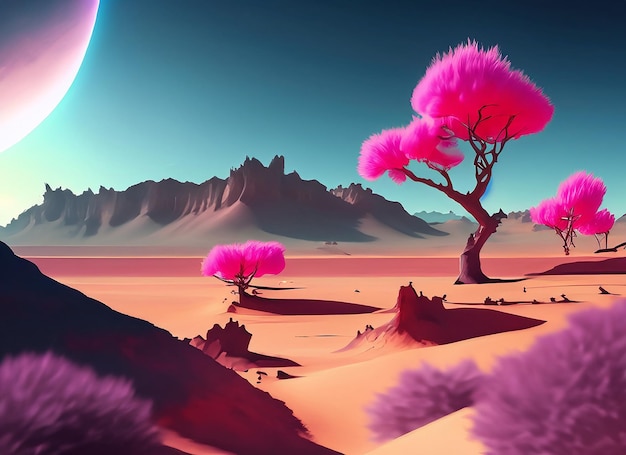 아름다운 환상적인 외계 행성, 분홍색 나무와 파란 하늘의 사막 풍경