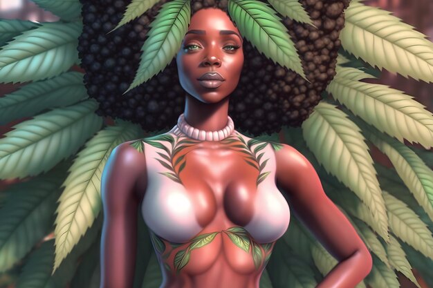 Beautiful fantasy black woman on cannabis background neural network ai generated
