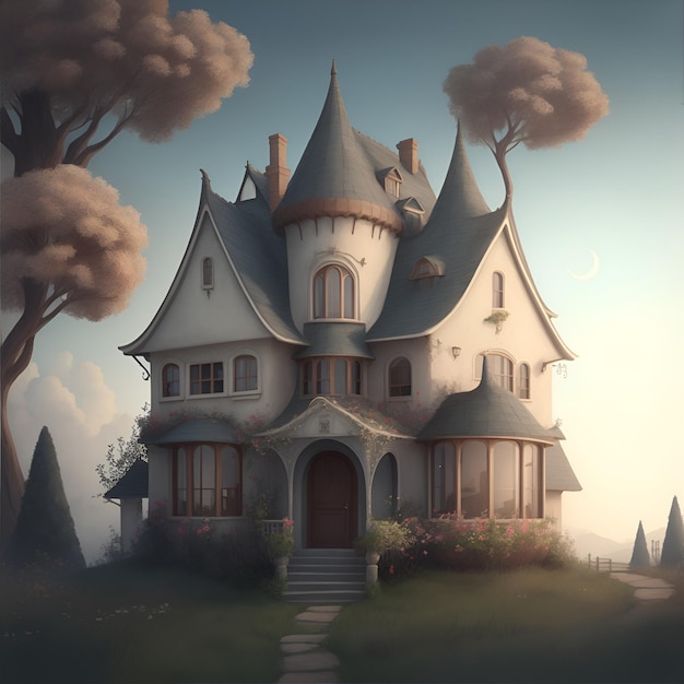 Beautiful fantasy castle in the forest Digital painting Illustration