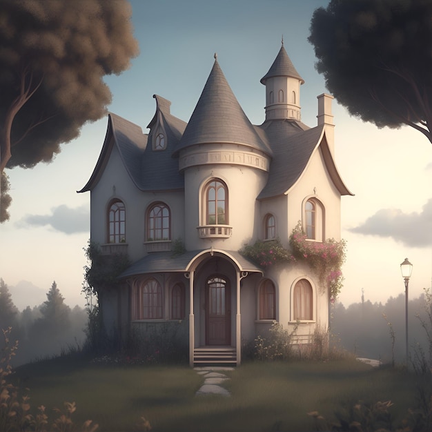 Beautiful fantasy castle in the forest Digital painting Illustration