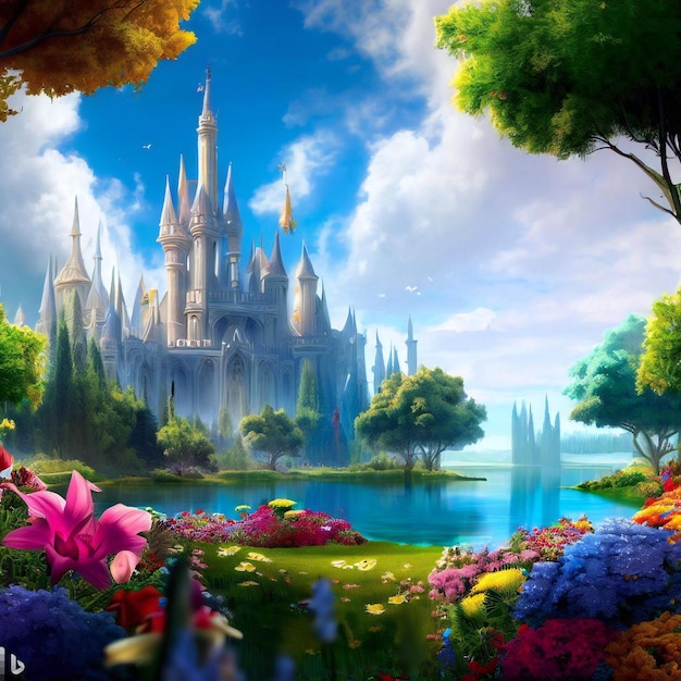 A beautiful fantasy castle with a lake and a sampan boat wallpaper