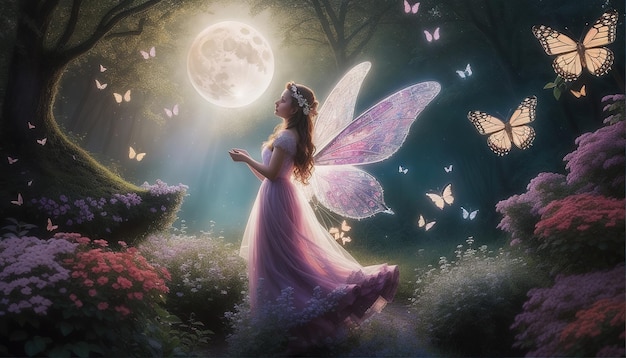 A beautiful fantasy fairy girl in the garden with butterflies and moon free download images