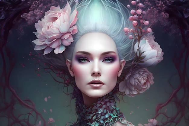 Beautiful fantasy flower nymph floral woman neural network ai generated