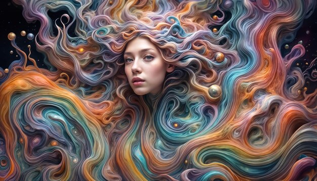 Beautiful fantasy girl Surreal woman Long multicolored hair The hair is woven