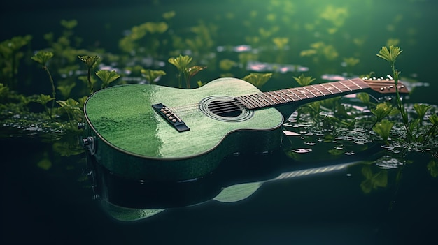 Photo beautiful fantasy guitar in watar forset nature background