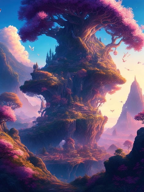 Beautiful fantasy landscape with colorful trees