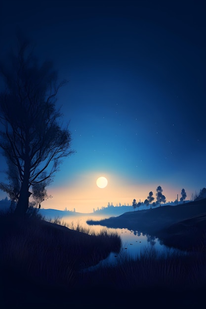 Beautiful fantasy landscape with a full moon in the sky and clouds