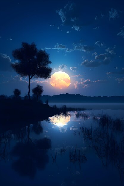 Beautiful fantasy landscape with a full moon in the sky and clouds