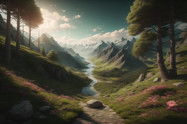 Beautiful fantasy landscape with a river in the mountains ai generative