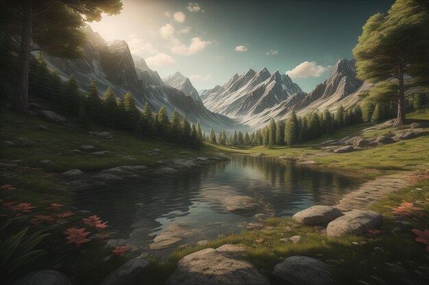 Beautiful fantasy landscape with a river in the mountains ai generative