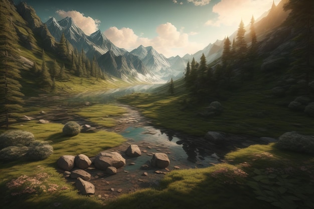 Beautiful fantasy landscape with a river in the mountains ai generative