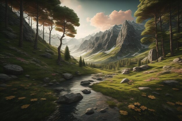 Beautiful fantasy landscape with a river in the mountains ai generative