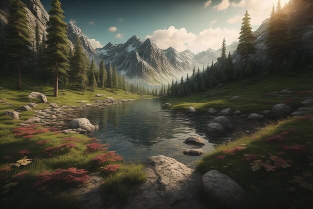 Beautiful fantasy landscape with a river in the mountains ai generative