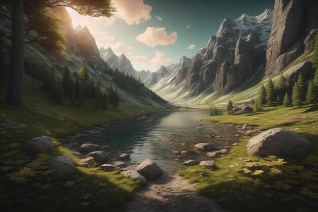 Beautiful fantasy landscape with a river in the mountains ai generative