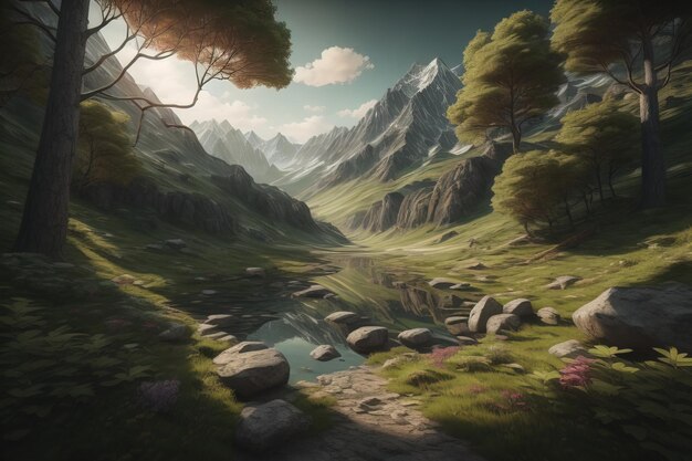 Beautiful fantasy landscape with a river in the mountains ai generative