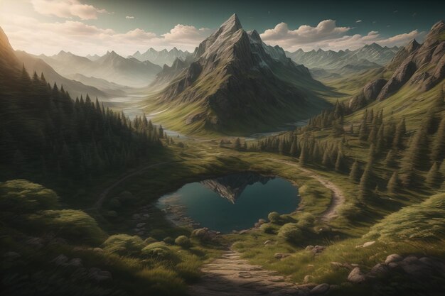 Photo beautiful fantasy landscape with a river in the mountains ai generative