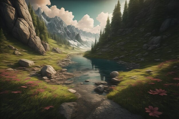 Beautiful fantasy landscape with a river in the mountains ai generative