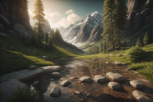 Beautiful fantasy landscape with a river in the mountains ai generative