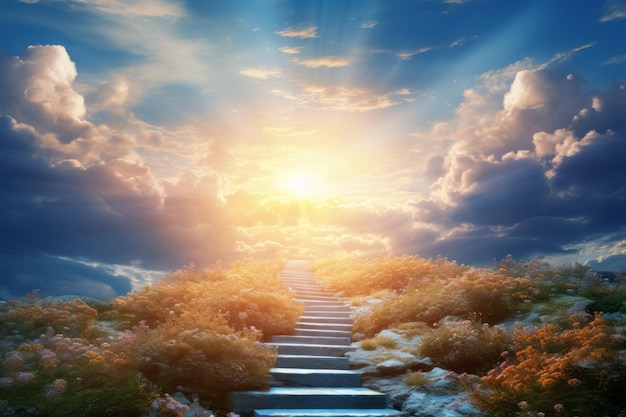 Photo beautiful fantasy landscape with spiritual pathway to heaven and paradise life after dead concept