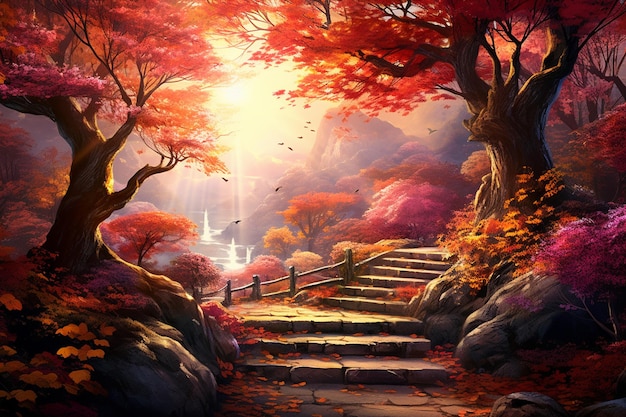 Beautiful fantasy landscape with waterfall and magic garden Fantasy world with a tree in the foreground Autumn forest in Japanese style Fairy tale scene High quality photo