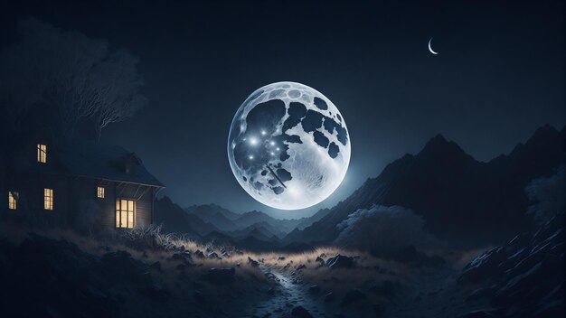 Beautiful fantasy night scene with a supermoon