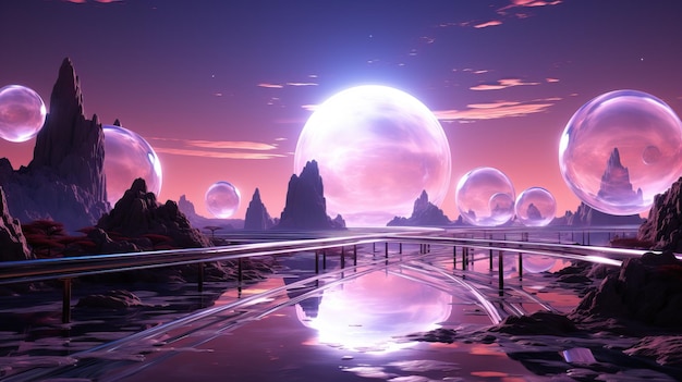 Beautiful fantasy planet landscape with pink theme