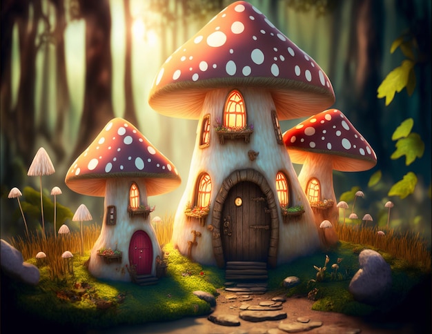 a beautiful fantasy scene with small houses and mushrooms in the style of vibrant nightmares