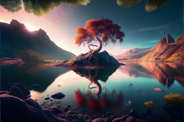 Beautiful fantasy tree with mountain and lake Generative AI illustration