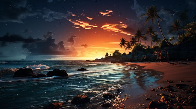 Beautiful fantasy tropical beach with Milky Way star in night skies full moon Retro style