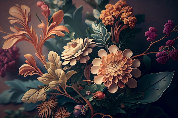 Фото Красивые фэнтезийные винтажные обои ботанический букет цветов генеративный искусственный интеллект