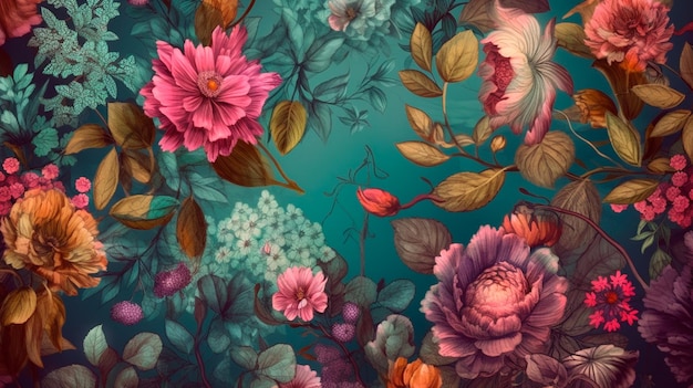 Beautiful fantasy vintage wallpaper botanical flower bunchvintage motif for floral print digital background Generative AI