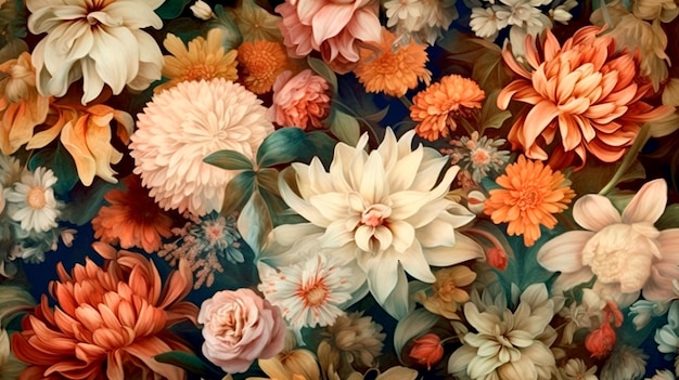 美しいファンタジー ヴィンテージ壁紙 ボタニカル フラワー バンチ花柄デジタル背景のヴィンテージ モチーフ ジェネレーティブ AI
