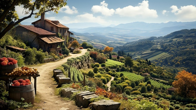 Foto bellissimo paesaggio di campagna agricola con campi autunnali sulle colline illustrazione stilizzata dell'agricoltura ecologica generata dall'intelligenza artificiale