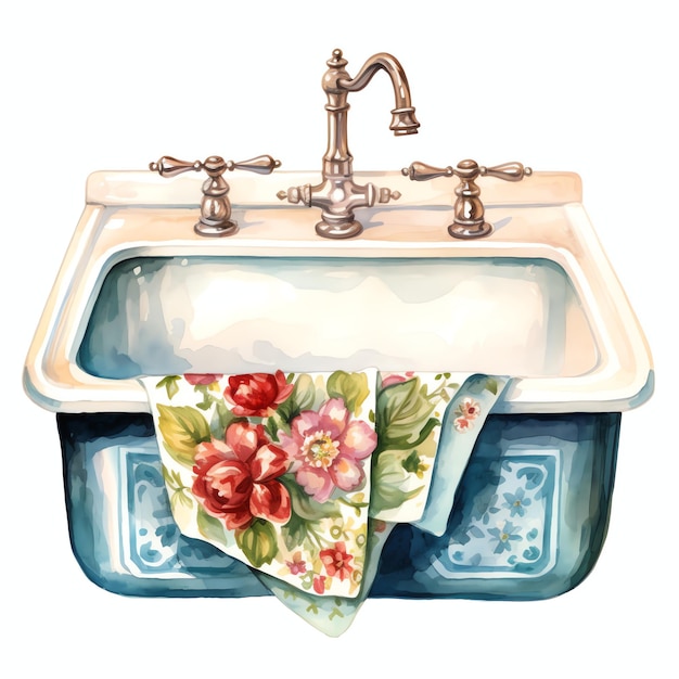 Photo beautiful farmhouse sink watercolor vintage country kitchen clipart illustration