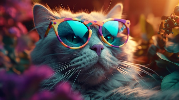 Beautiful fashion cat wearing sunglasses great design for any purposes Modern cat design Happy holiday Animal concept Trendy modern style Vacation concept Happy beautiful background