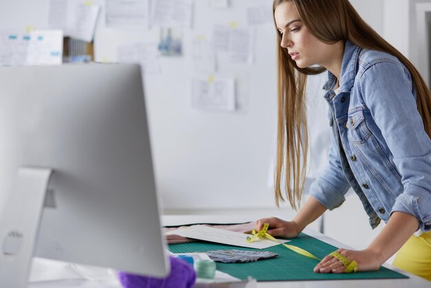 Beautiful fashion designer standing near desk in studio