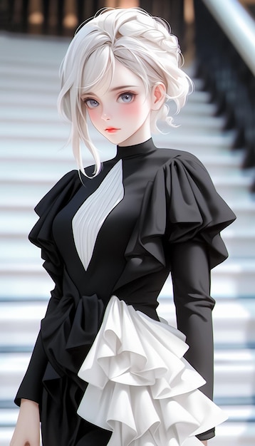 Beautiful Fashion model concept Woman with White Hair in Black Dress on Staircase Ai Generated