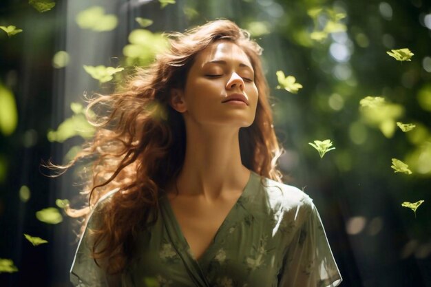 Beautiful fashion model girl enjoying nature breathing fresh air in summer garden over Green leaves