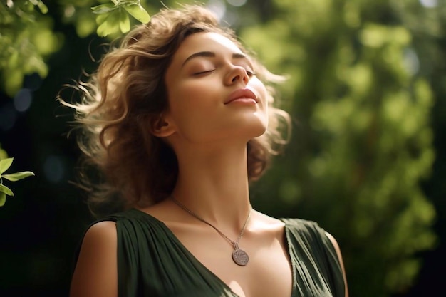 Beautiful fashion model girl enjoying nature breathing fresh air in summer garden over Green leaves