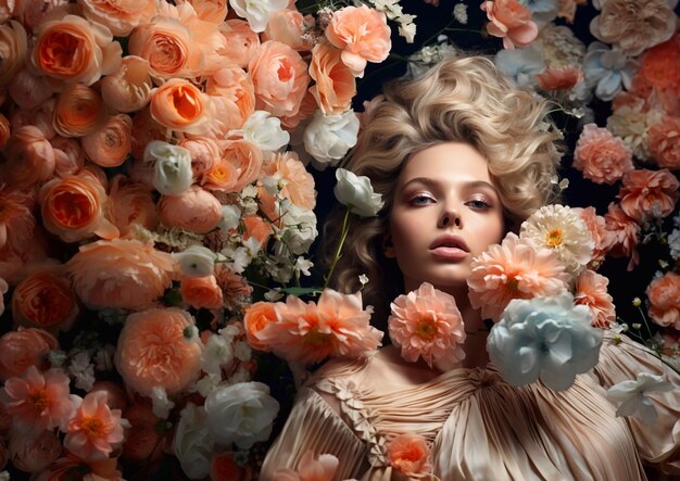 Beautiful fashion model girl with makeup and hairstyle surrounded by various blossom flowers