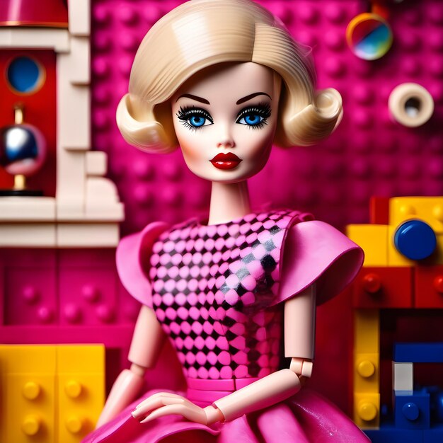 Beautiful fashion platinum blond baby plastic doll dressed in pink in her luxury mansion